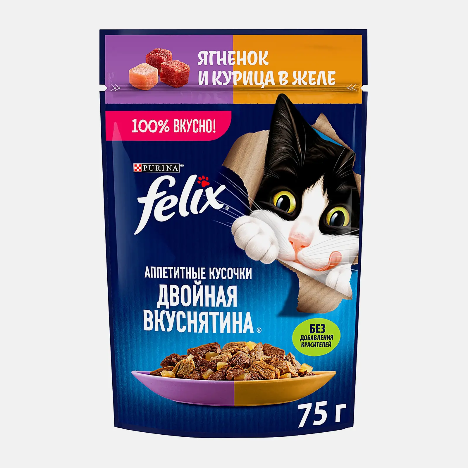 Изображение товара Влажный корм для кошек Felix Двойная вкуснятина с ягненком и курицей в желе 75г