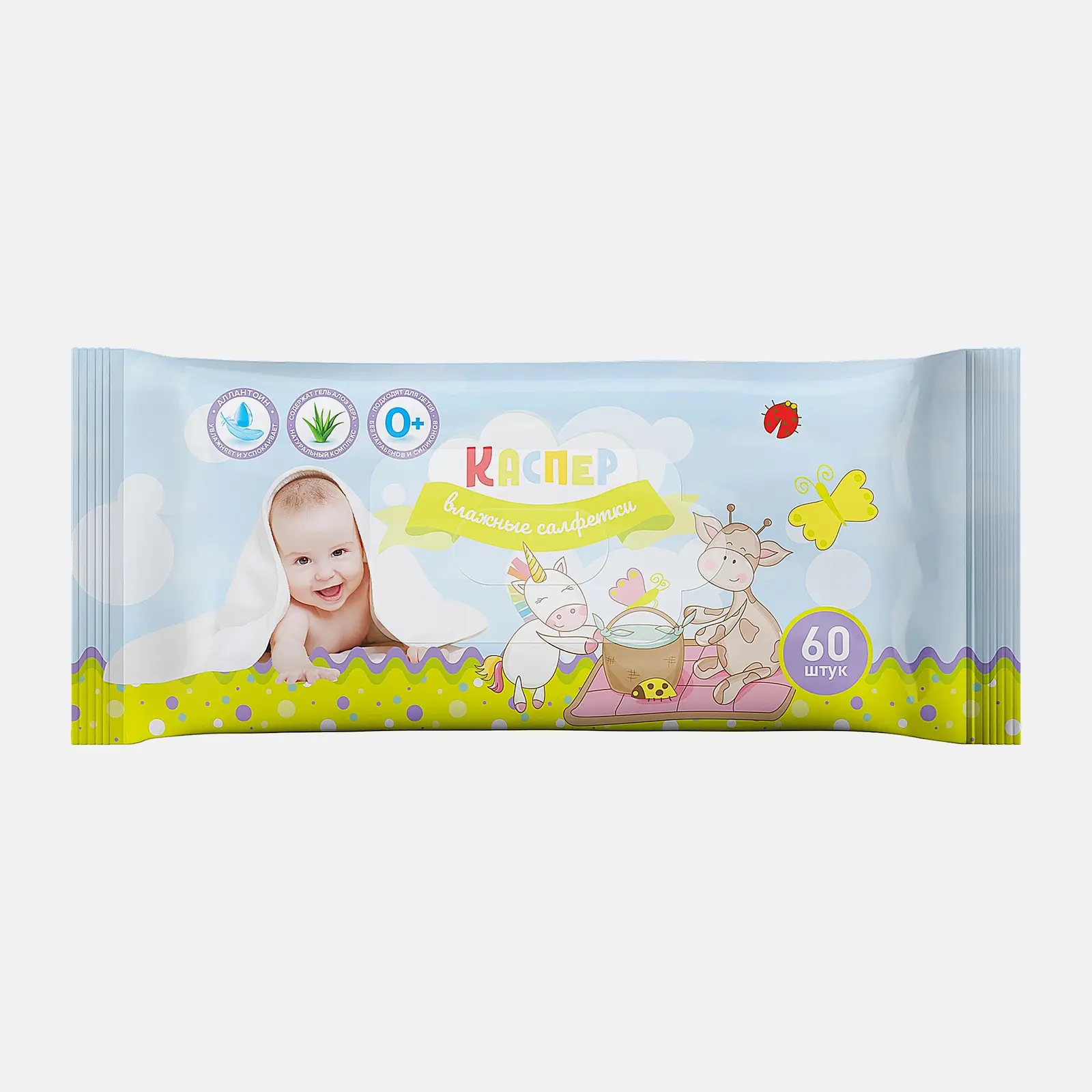 Изображение товара Детские влажные салфетки Каспер 60 шт мягкое очищение для чувствительной кожи