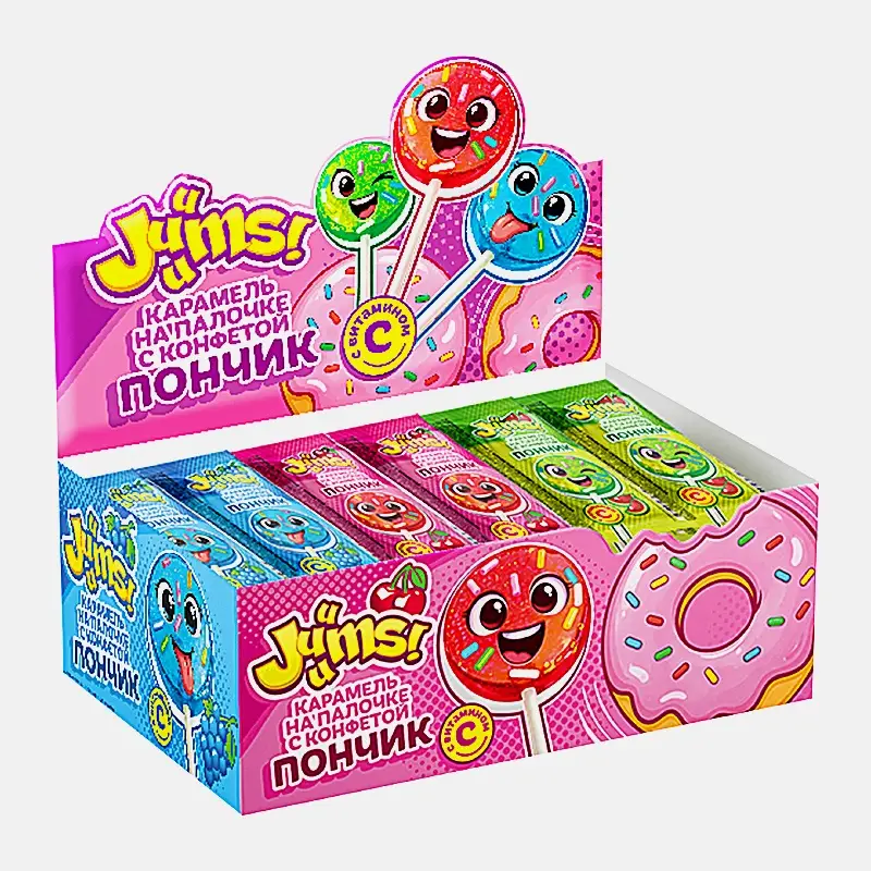 Карамель на палочке с конфетой Crazy Пончик Juuums 10г в ассортименте - фото 4 Карамель на палочке с конфетой Crazy Пончик Juuums 10г в ассортименте - фото 4