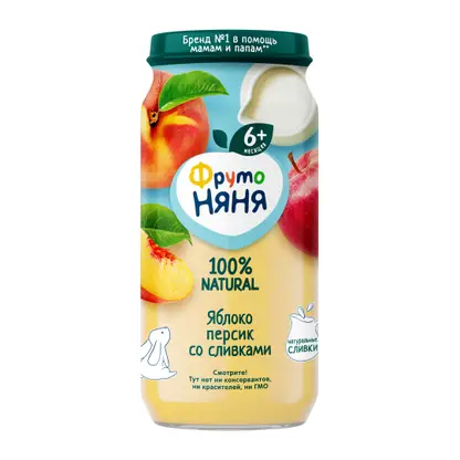 Изображение товара Пюре детское Яблоко-персик со сливками с 6 месяцев Фрутоняня 250г