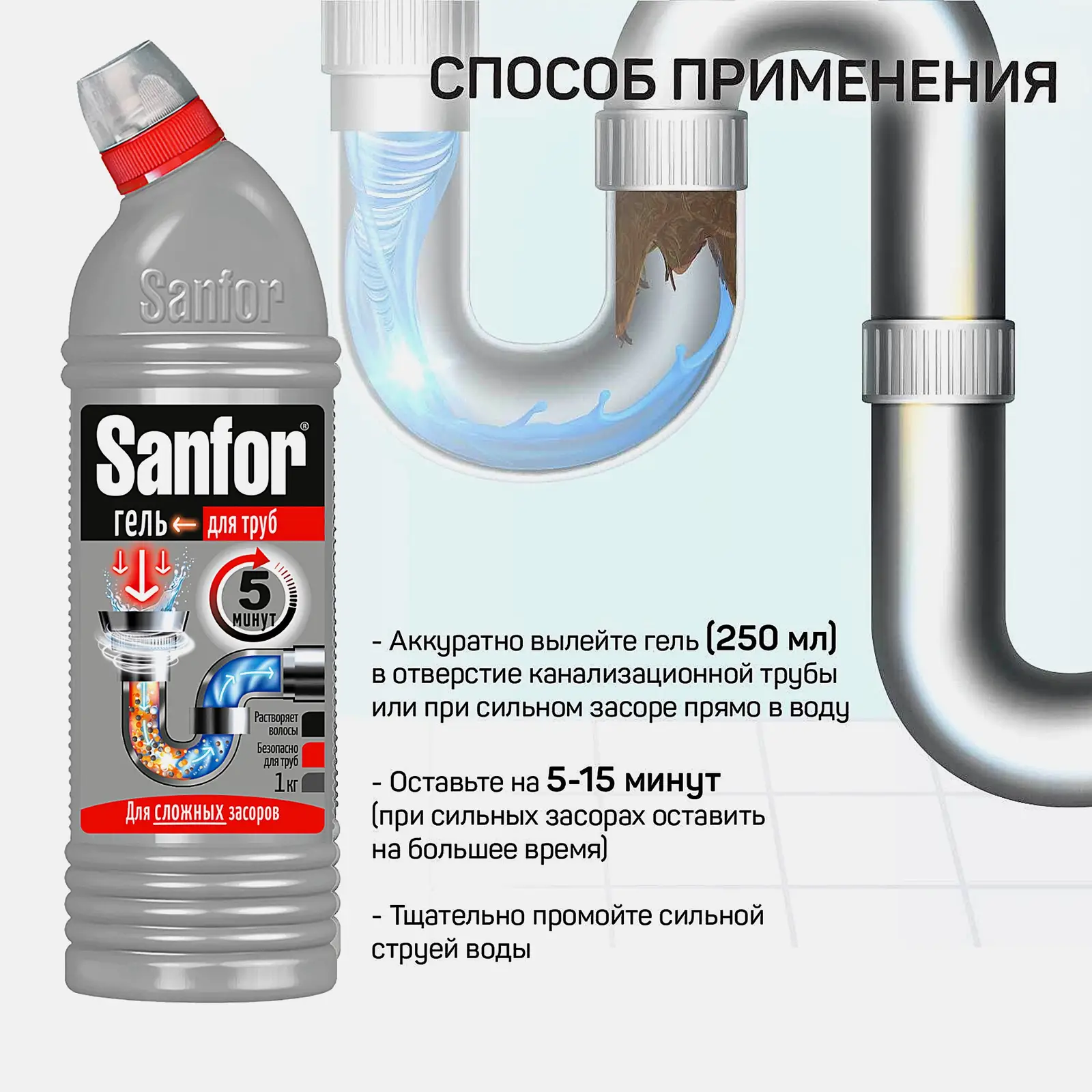 Средство для чистки труб и устранения засоров Sanfor 750г