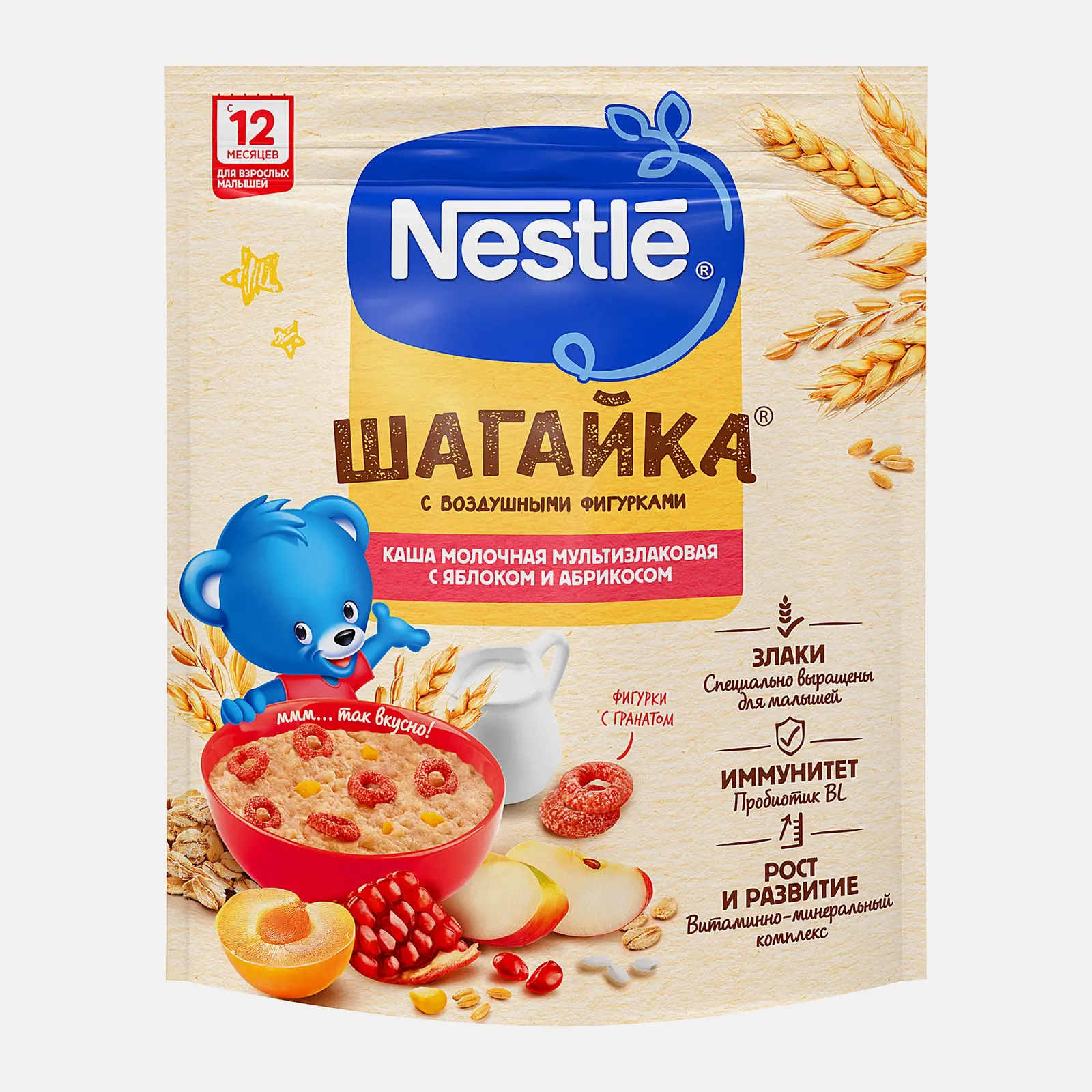 Каша Nestle Шагайка молочная мультизлаковая с кусочками яблоко-абрикос-гранат 12мес 190г