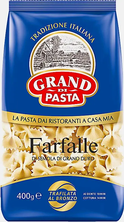 Изображение товара Макароны Grand Di Pasta Farfalle 400 г из твердой пшеницы с бронзовой матрицей