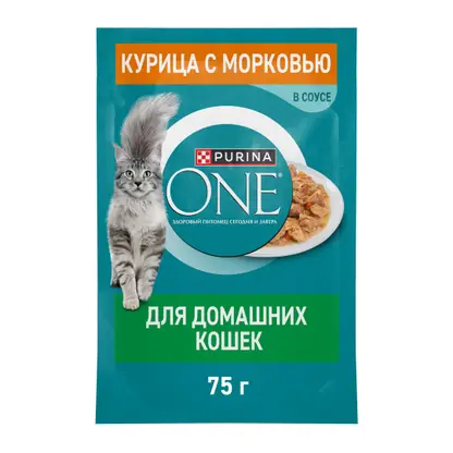 Изображение товара Влажный корм Purina One для домашних кошек с курицей и морковью 75г
