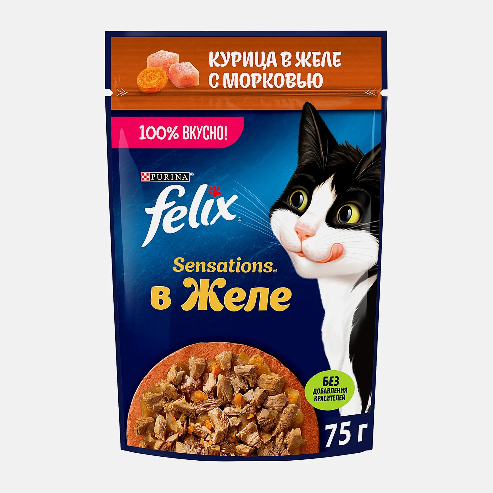 Изображение товара Влажный корм для взрослых кошек Felix Sensations с курицей в желе с морковью 75г