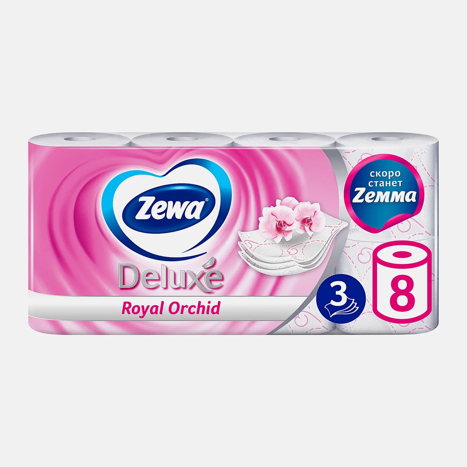 Изображение товара Туалетная бумага Zewa Deluxe Орхидея 3 слоя 8 рулонов мягкая и ароматная