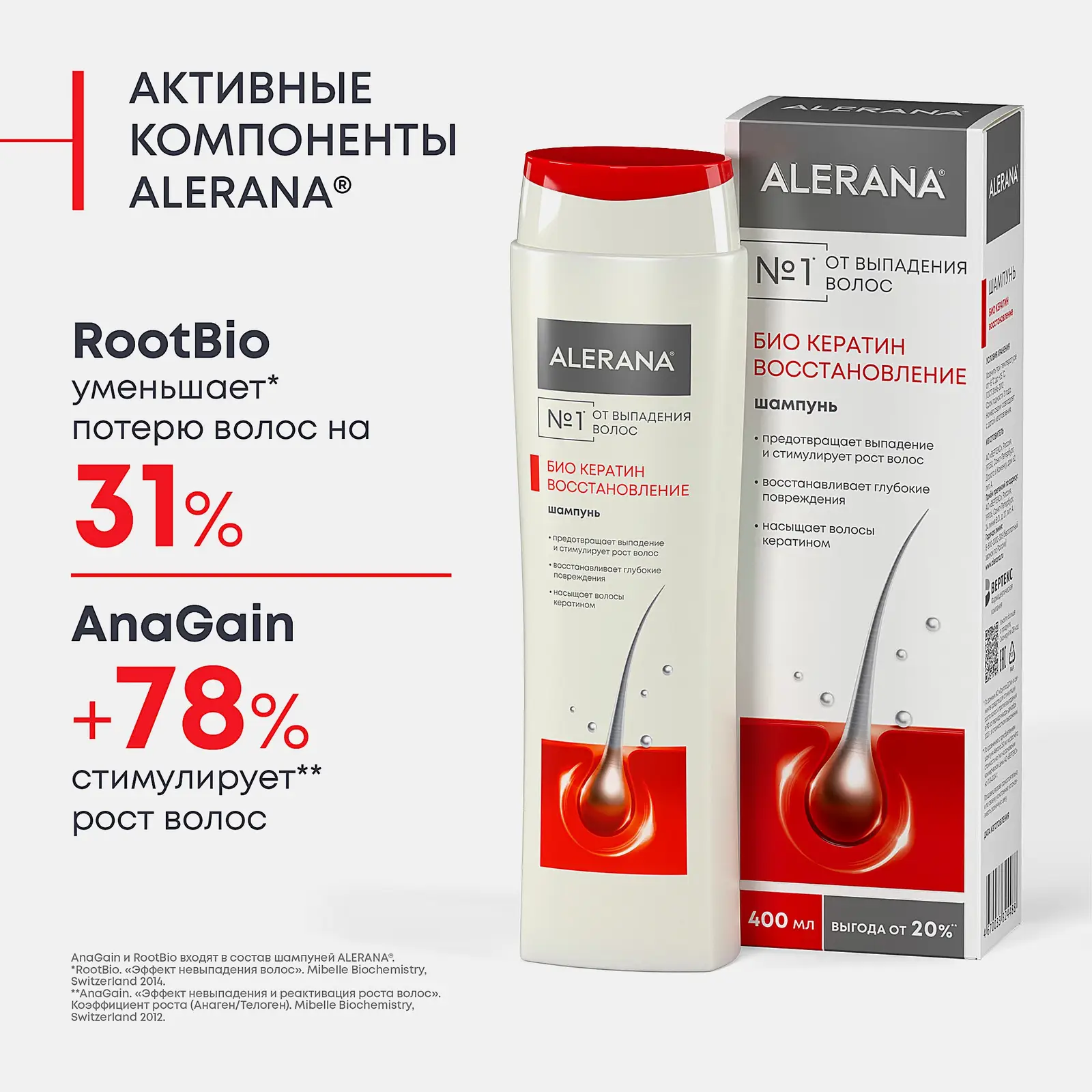 Шампунь для волос Alerana с Био кератином восстанавливающий женский 400мл