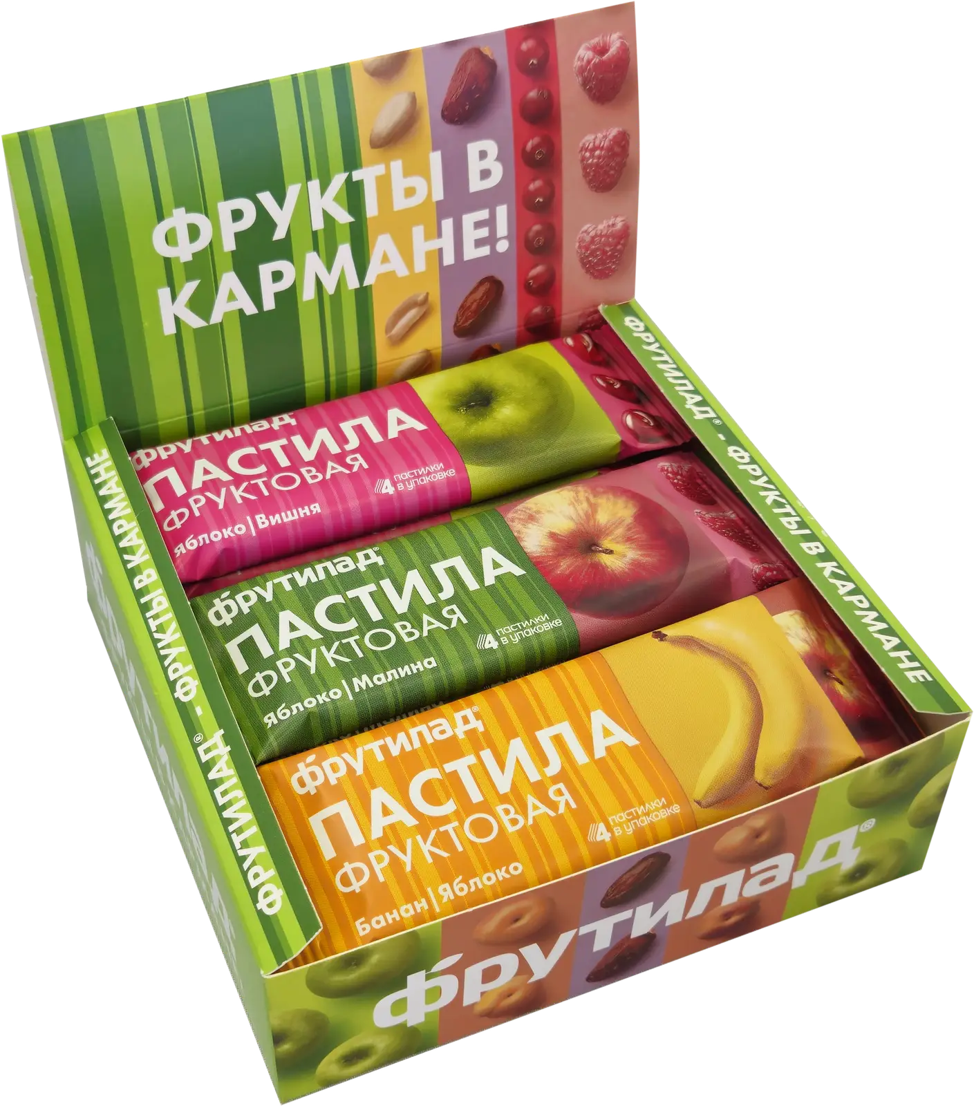 Изображение товара Пастила со вкусом яблоко-вишня-малина/банан-яблоко 30г Фрутилад ассортимент