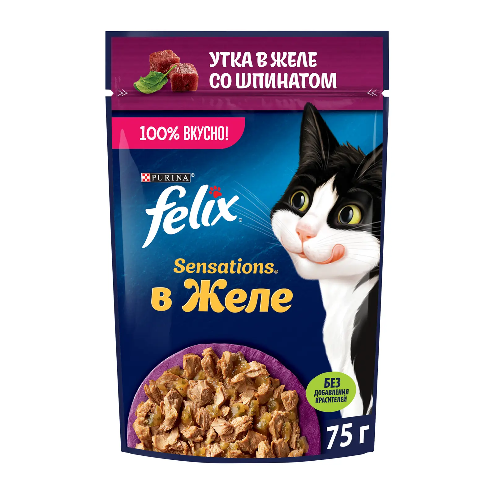 Изображение товара Влажный корм для кошек Felix Sensations Утка в желе со шпинатом 75г