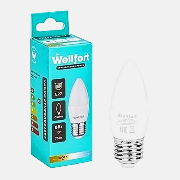 Лампа светодиодная Wellfort свеча 8Вт Е27 холодный