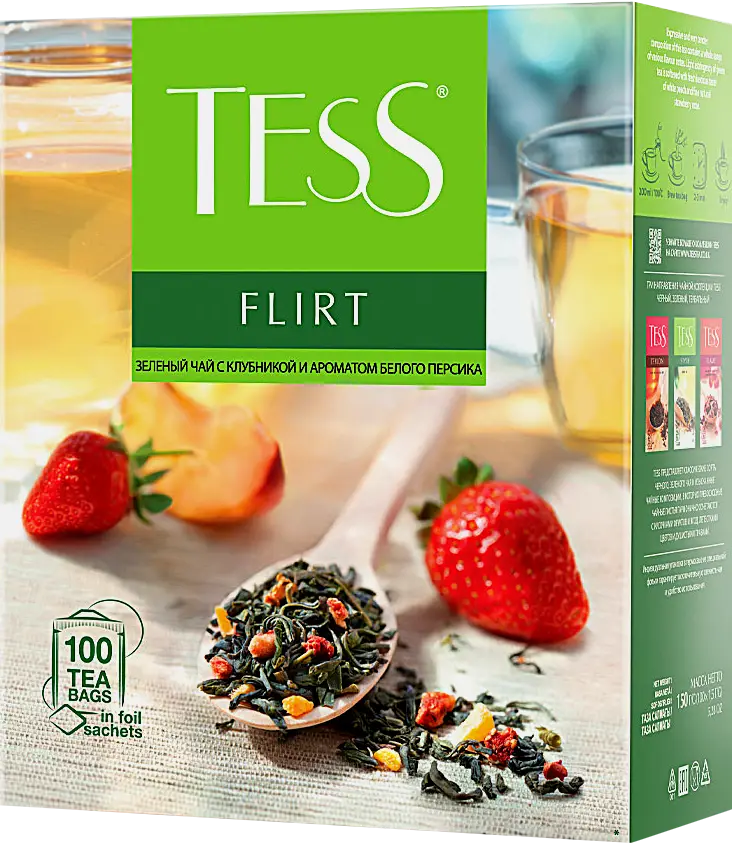 Чай зелёный байховый Tess Flirt с ароматом белого персика и клубники 100пак 150г - фото 3