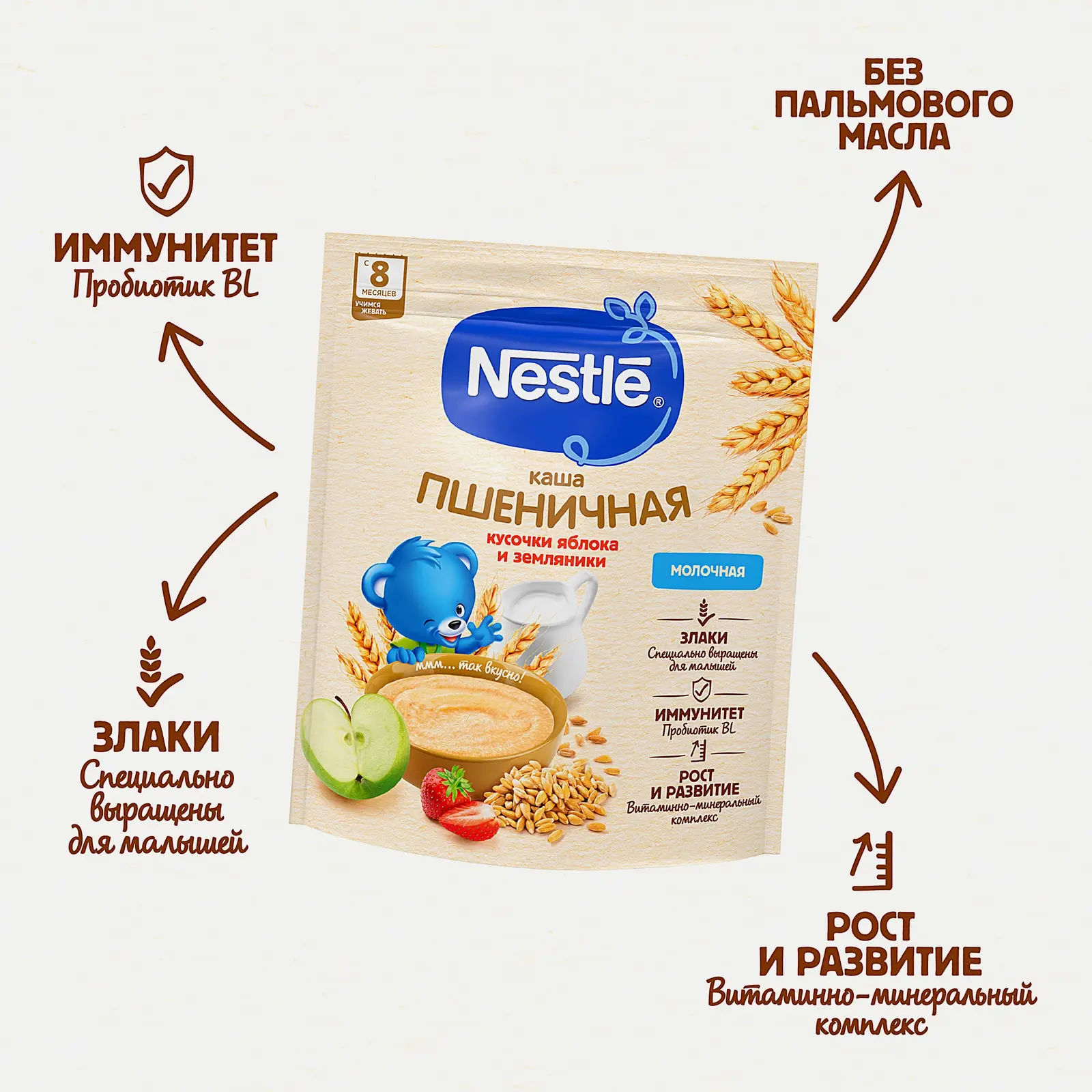 Каша Nestle Молочная Пшеничная с земляникой и яблоком 200г