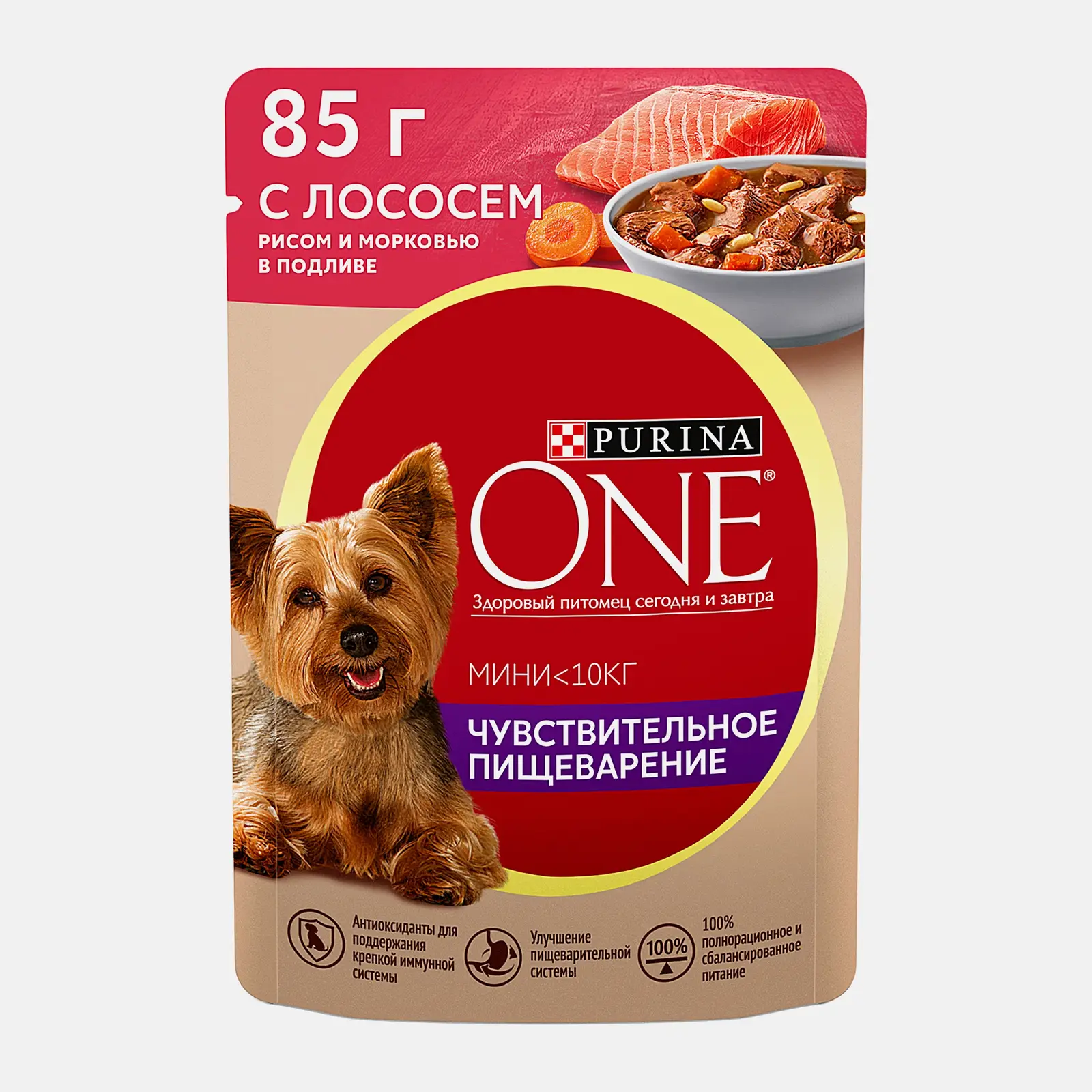 Изображение товара Влажный корм для мини собак Purina One Чувствительное пищеварение с лососем рисом и морковью в подливе 85г