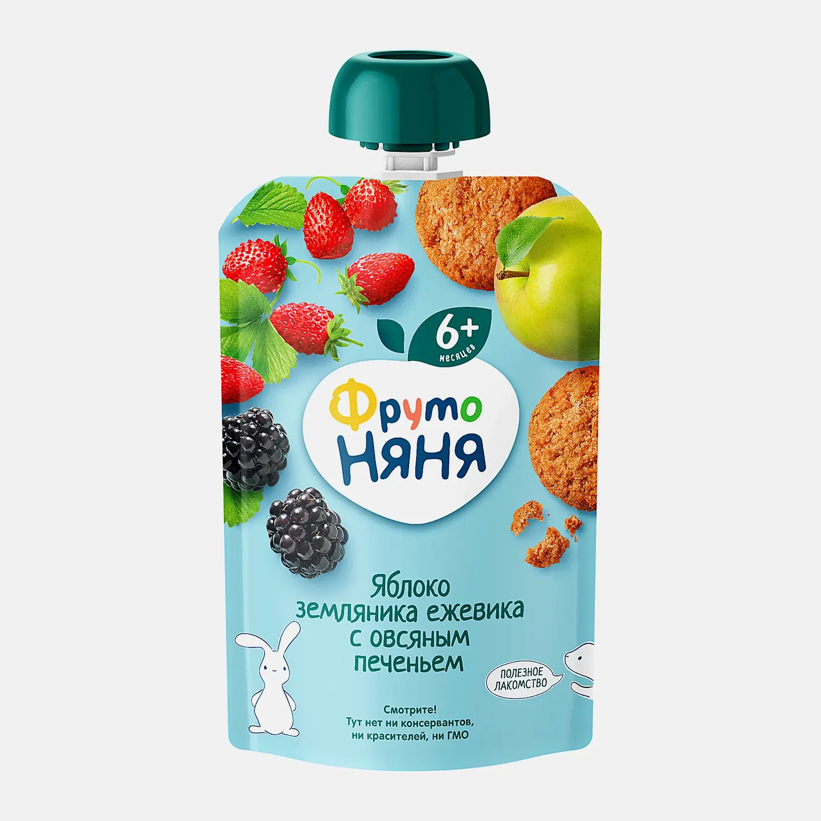 Изображение товара Пюре Фрутоняня Яблоко земляника ежевика с овсяным печеньем 90г натуральное питание для детей