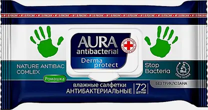 Влажные салфетки Aura Antibacterial Derma Protec Антибактериальные 72шт