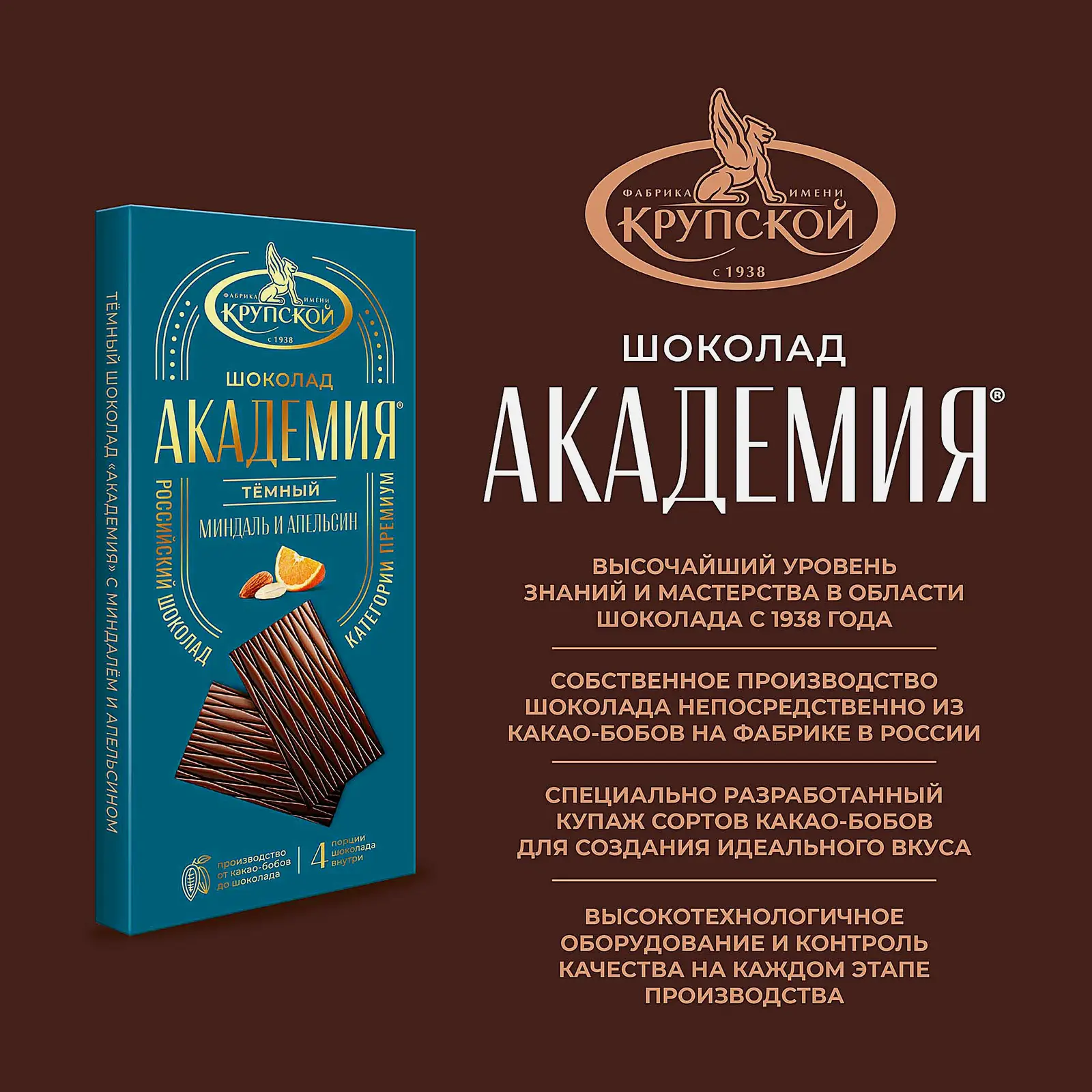 Тёмный шоколад с апельсином и миндалем Академия 88г