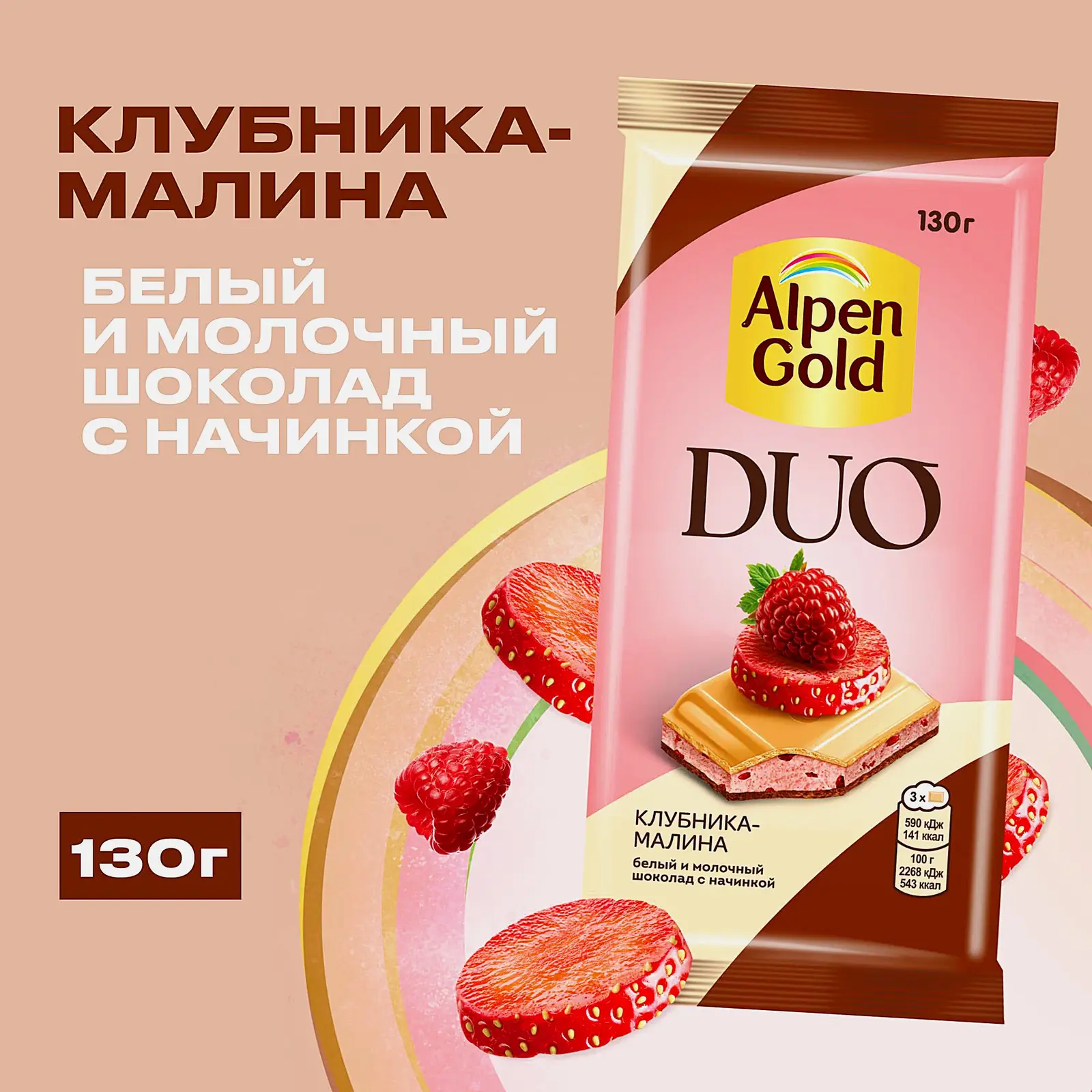 Белый и молочный шоколад с начинкой Клубника-малина Alpen Gold Duo 130г - фото 2