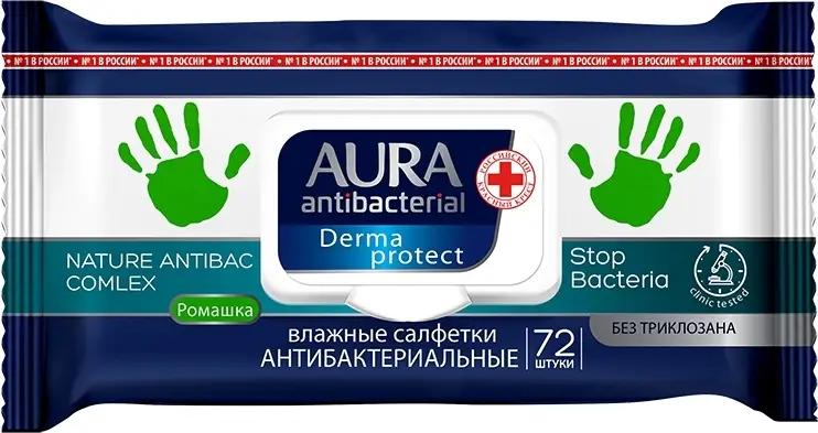 Влажные салфетки Aura Antibacterial Derma Protec Антибактериальные 72шт