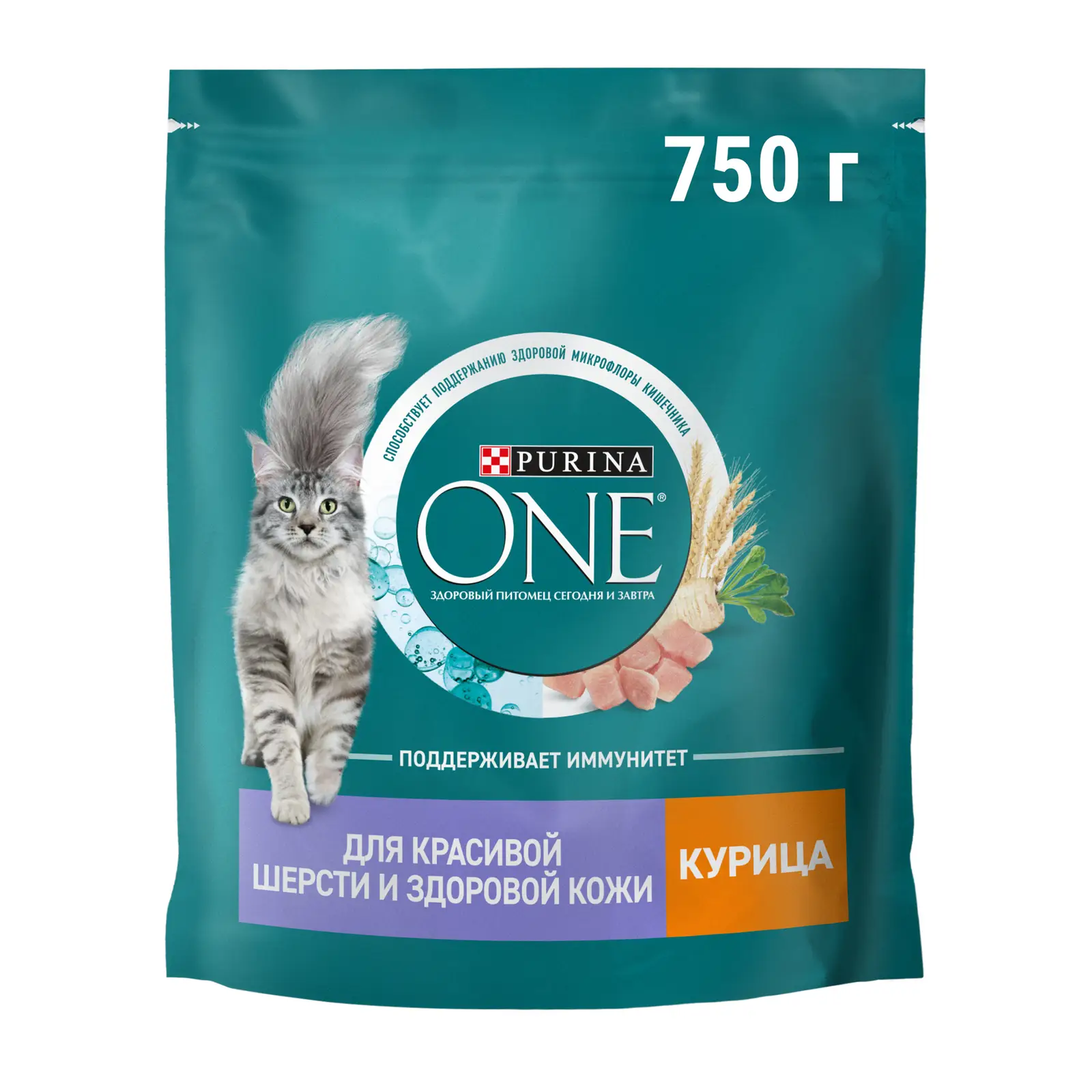 Сухой корм для кошек Purina One для здоровья кожи и шерсти с курицей и цельными злаками 750г