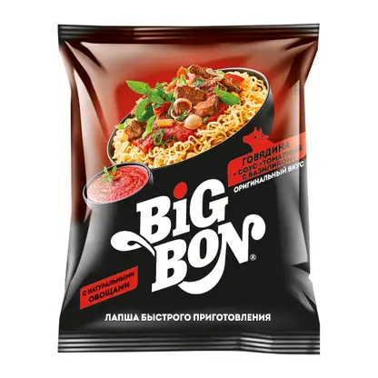 Изображение товара Лапша Big Bon говядина + соус томатный с базиликом 75г Изображение товара Лапша Big Bon говядина + соус томатный с базиликом 75г