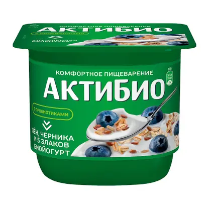 Изображение товара Биойогурт Актибио с черникой 5 злаками и семенами льна 3% 130г