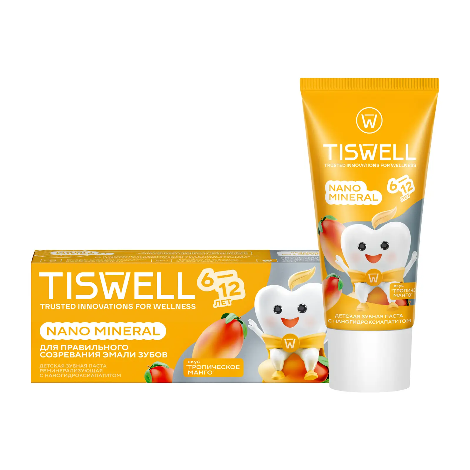 Зубная паста детская Tiswell реминерализующая с наногидроксиапатитом Тропическое манго с 6 лет 60мл