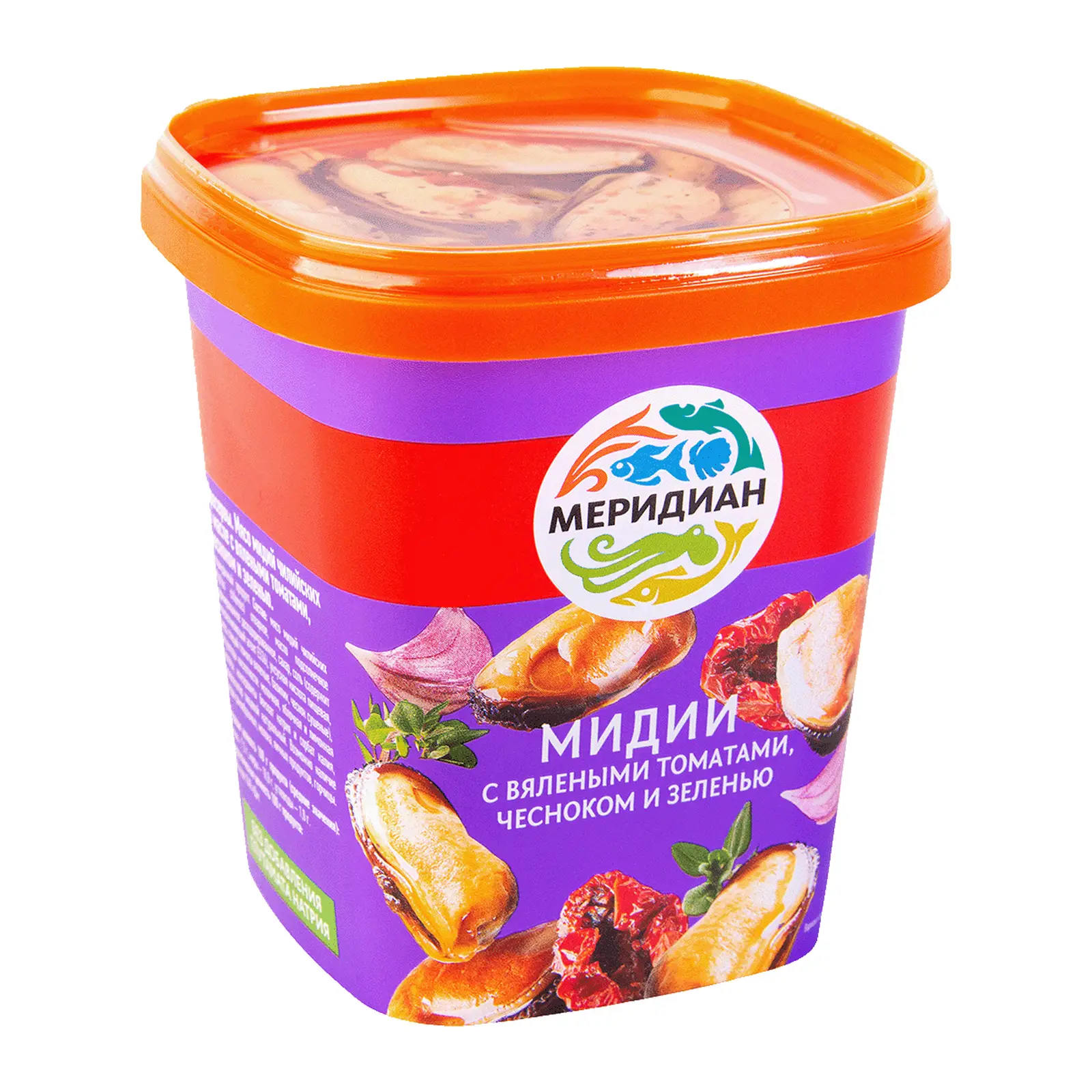 Изображение товара Мидии Меридиан с вялеными томатами чесноком и зеленью в масле 415г