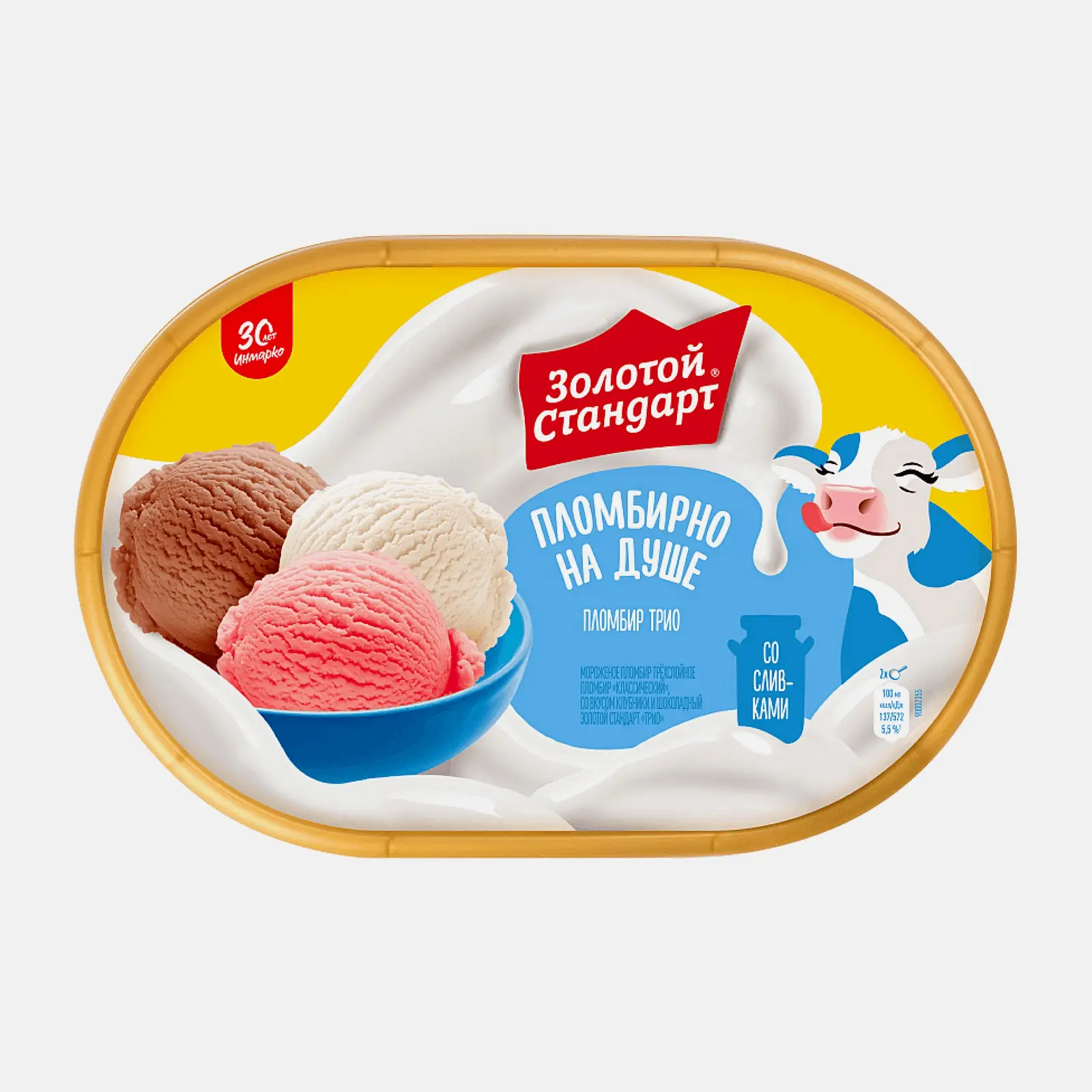 Мороженое Золотой Стандарт Трио пломбир шоколад-вкус сливок-вкус клубники 445/475г