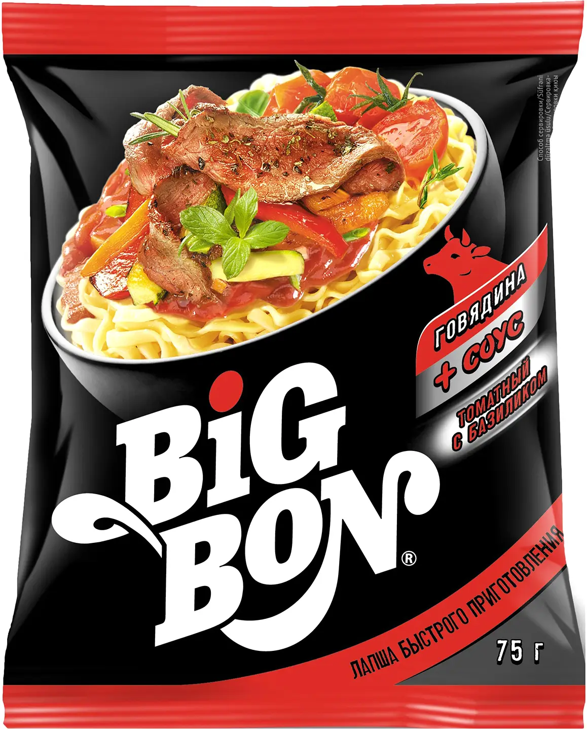 Лапша Big Bon говядина + соус томатный с базиликом 75г - Магнит-Продукты