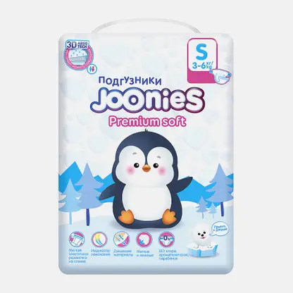 Подгузники Joonies Premium Soft р.S 3-6 кг 64шт