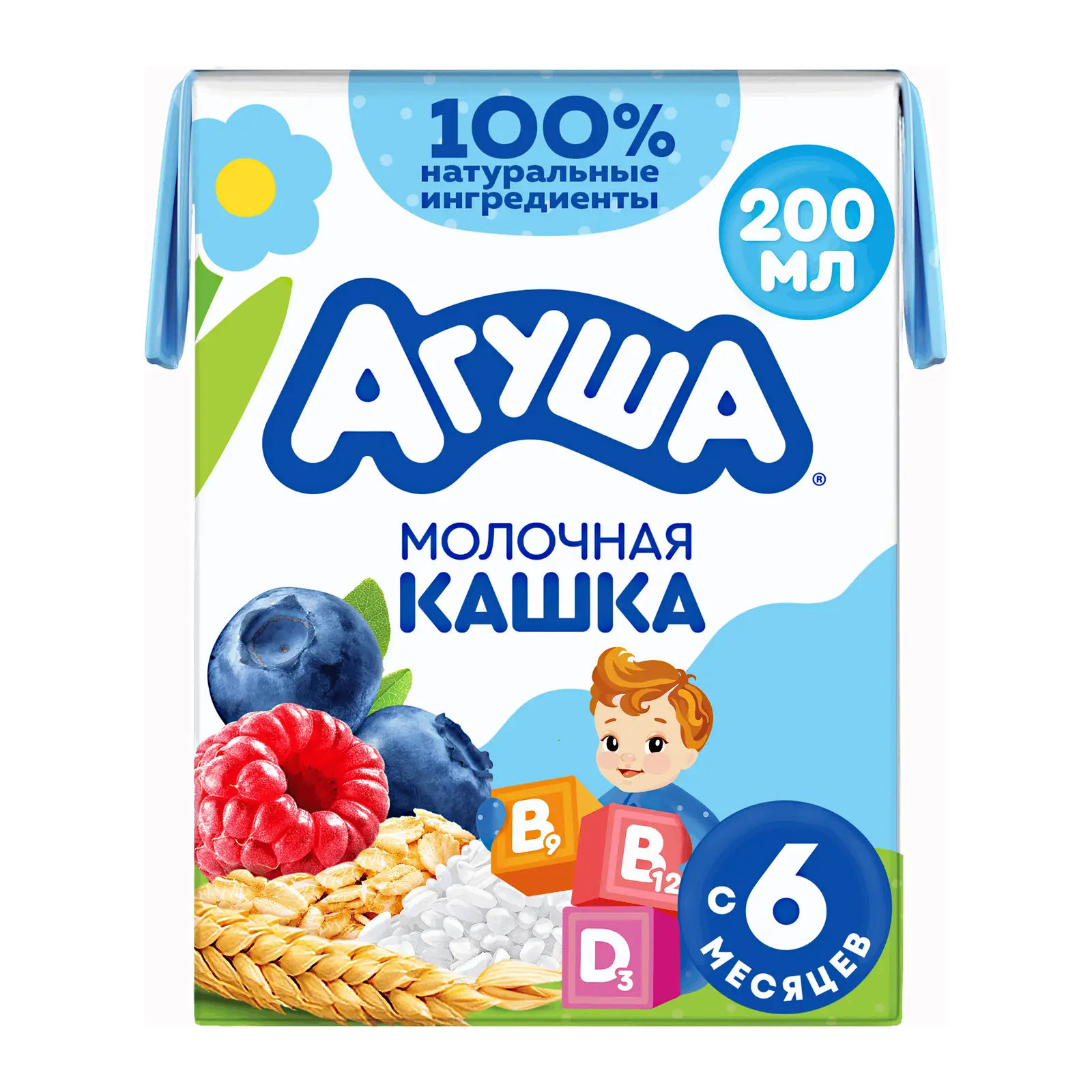 Изображение товара Каша Агуша Укрепляйка молочная злаки черника-малина-яблоко с 6месяцев 200мл