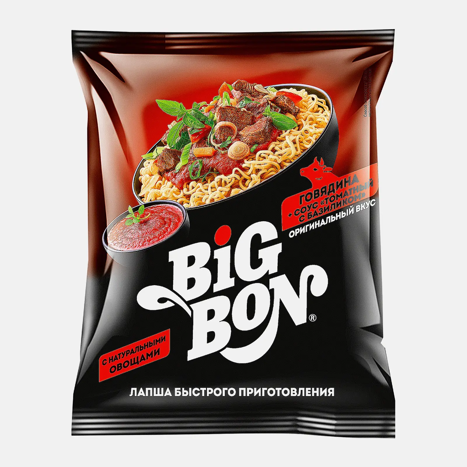 Изображение товара Лапша Big Bon говядина + соус томатный с базиликом 75г