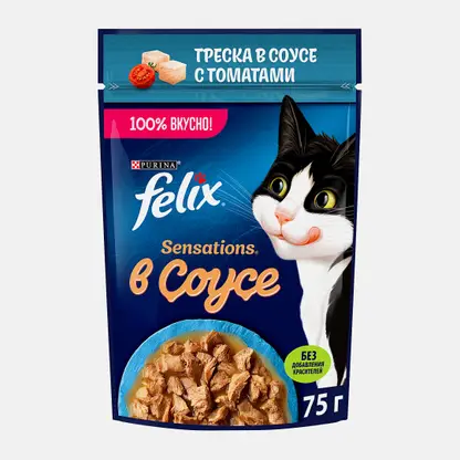 Влажный корм для кошек Sensations треска в соусе с томатами Felix 75г