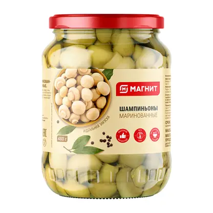 Изображение товара Грибы Магнит Шампиньоны маринованные 410/480г