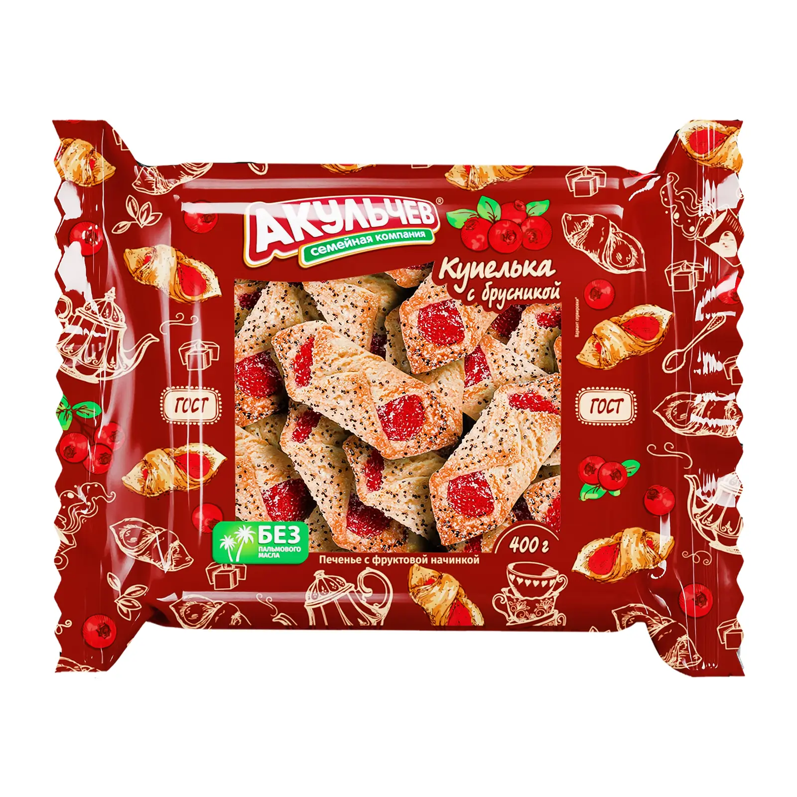 Изображение товара Печенье Акульчев Купелька с брусникой 400 г с фруктовым вкусом и натуральными ингредиентами