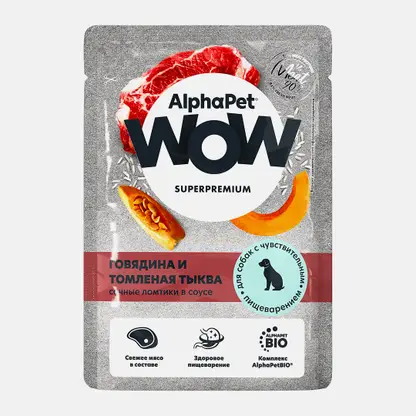 Влажный корм для собак Wow с чувствительным пищеварением говядина-тыква Alphapet 85г