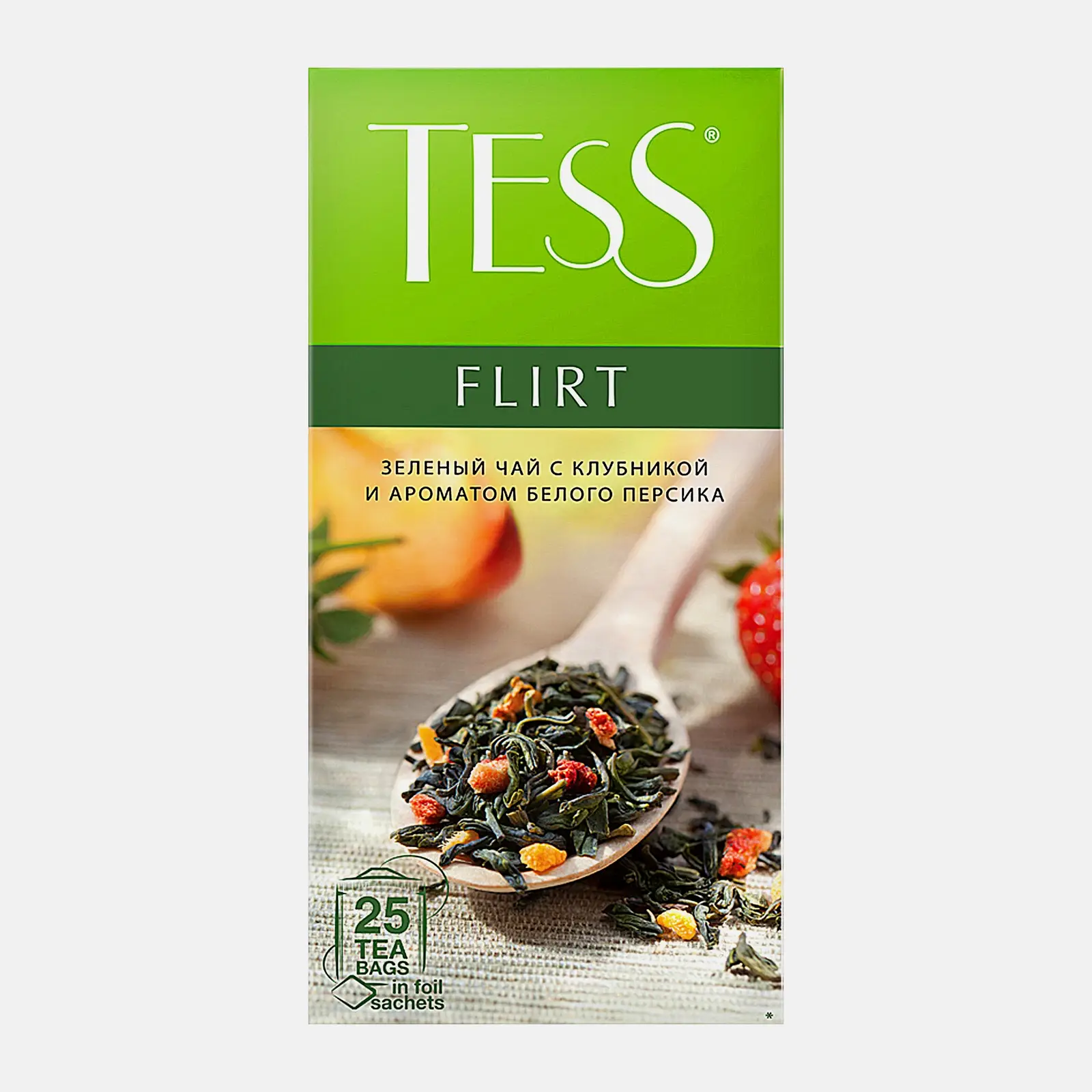 Изображение товара Чай зеленый Tess Flirt с ароматом белого персика и клубники 25пак 37.5г