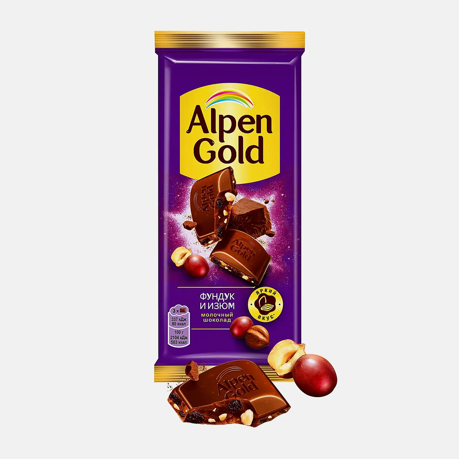 Молочный шоколад с фундуком и изюмом Alpen Gold 80г Молочный шоколад с фундуком и изюмом Alpen Gold 80г