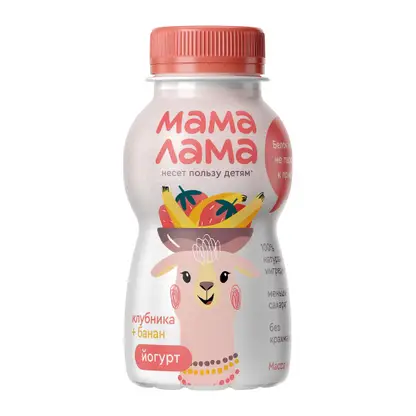 Изображение товара Йогурт питьевой с клубникой и бананом Мама Лама 2.5% 200г