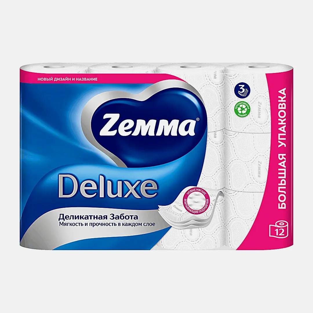 Туалетная бумага белая Deluxe Zemma 12 рулонов 3 слоя в ассортименте - фото 2