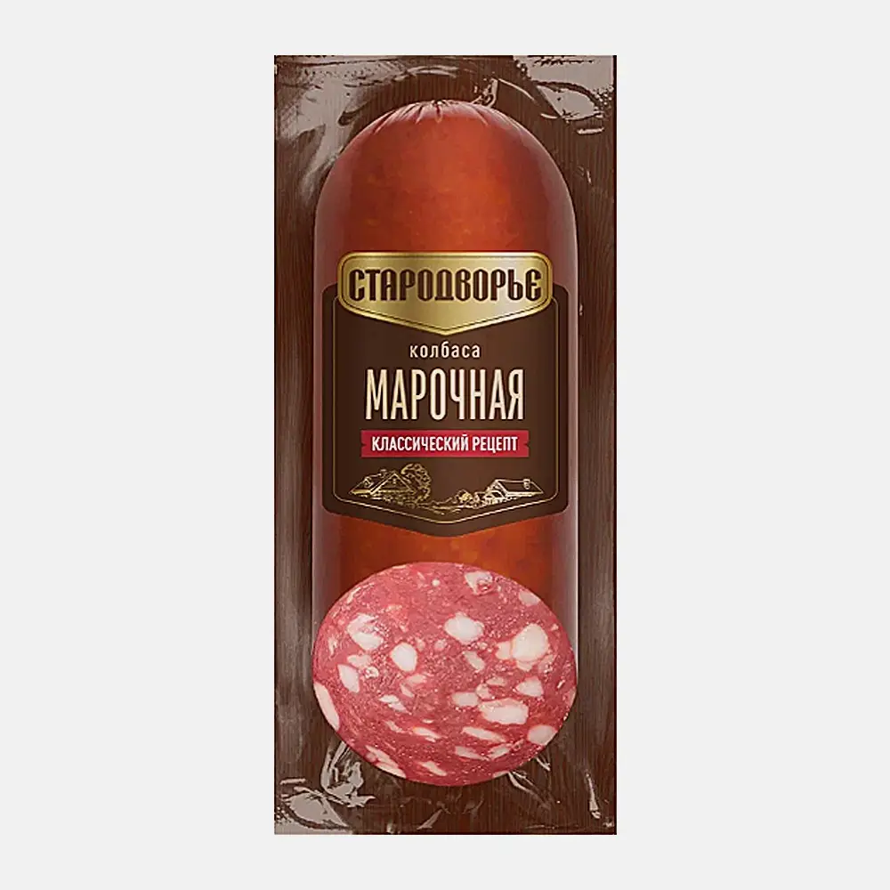 Изображение товара Колбаса Марочная варено-копченая Стародворье 350г Изображение товара Колбаса Марочная варено-копченая Стародворье 350г