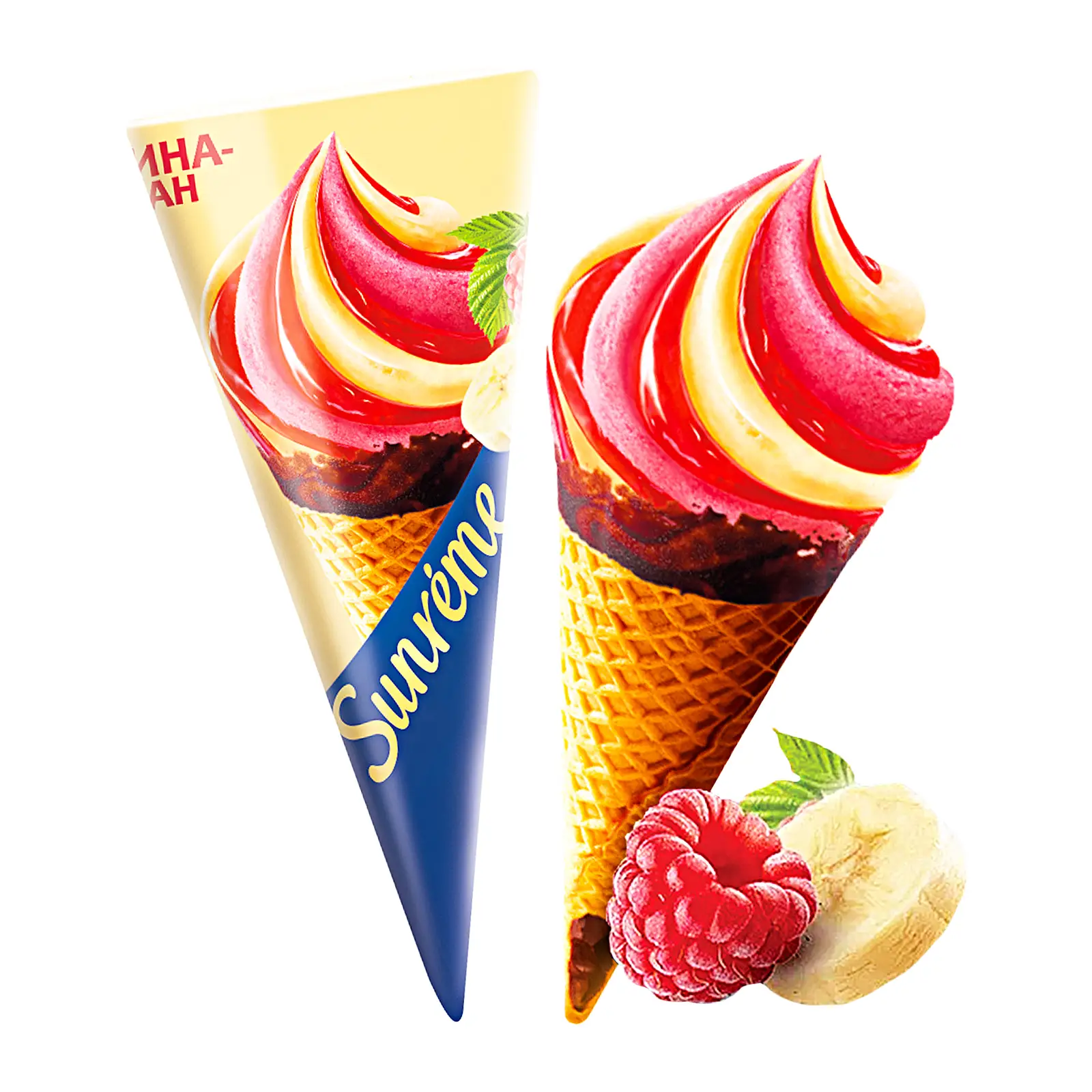 Изображение товара Мороженое Sunreme Банан Малина рожок 78г натуральное фруктовое лакомство