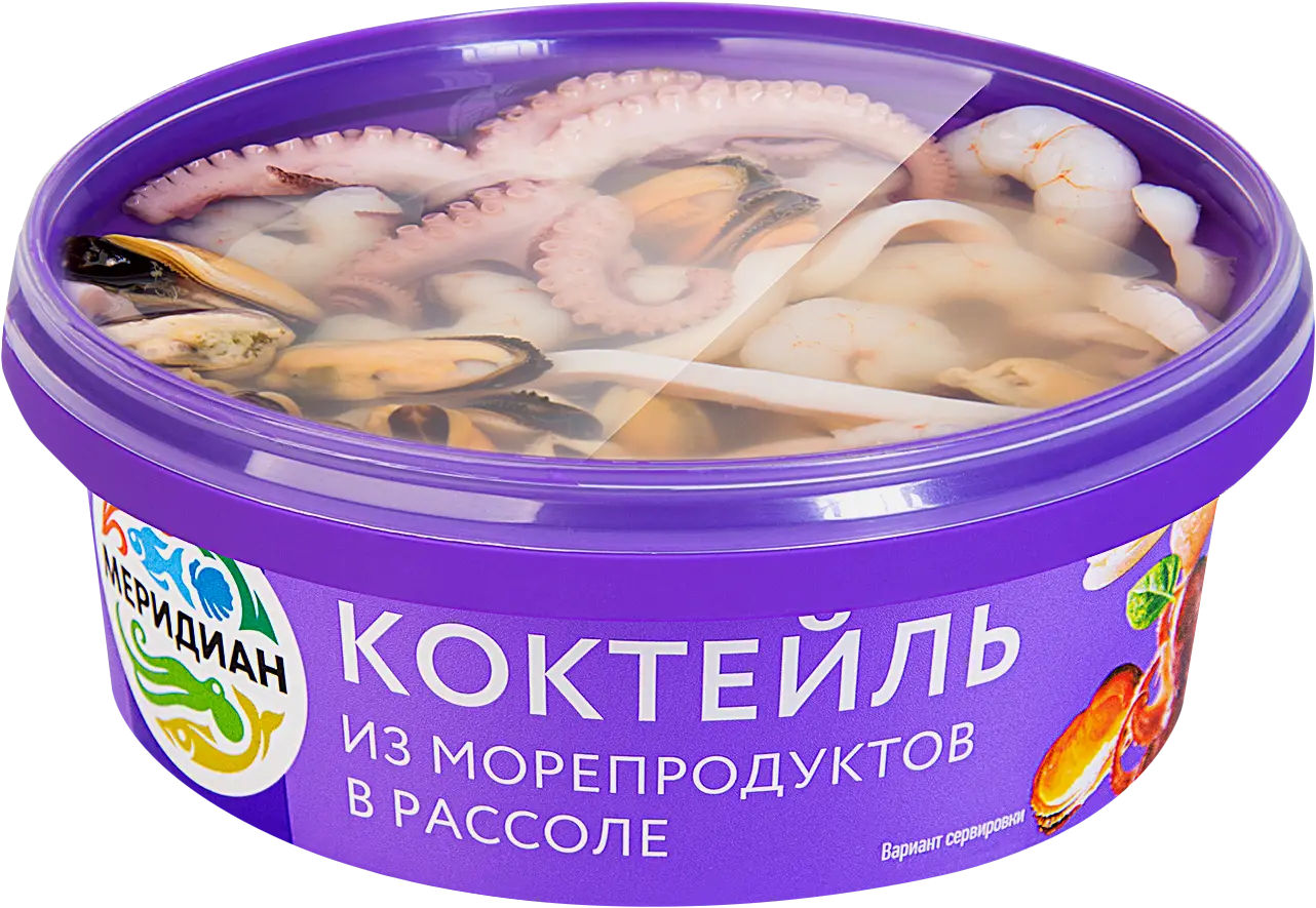 Коктейль из морепродуктов Меридиан в рассоле 270г Коктейль из морепродуктов Меридиан в рассоле 270г