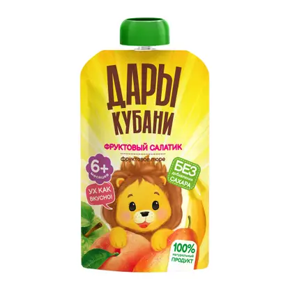 Изображение товара Пюре Дары Кубани фруктовое Фруктовый салатик Банан-груша-яблоко-персик 6 месяцев 90г