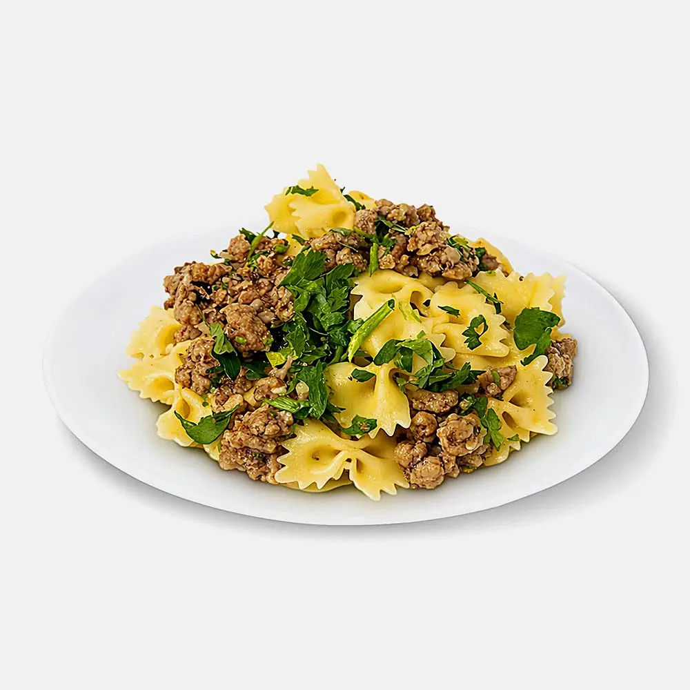 Изображение товара Паста фарфалле с мясным фаршем Моя Розничная Сеть 220г - быстрый обед или ужин