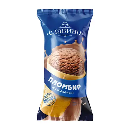 Изображение товара Мороженое Славино Пломбир шоколадный 12% в вафельном стаканчике 80г
