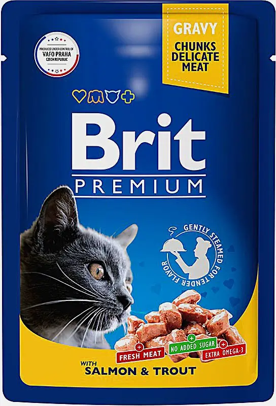Влажный корм для кошек лосось-форель в соусе Brit 85г Влажный корм для кошек лосось-форель в соусе Brit 85г