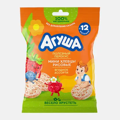 Мини-хлебцы рисовые детские Агуша Полезный Перекус Ягодное Ассорти 30г с 12 месяцев