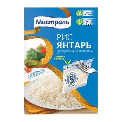 Изображение товара Рис Мистраль Янтарь пропаренный длиннозерный 5пак*80г