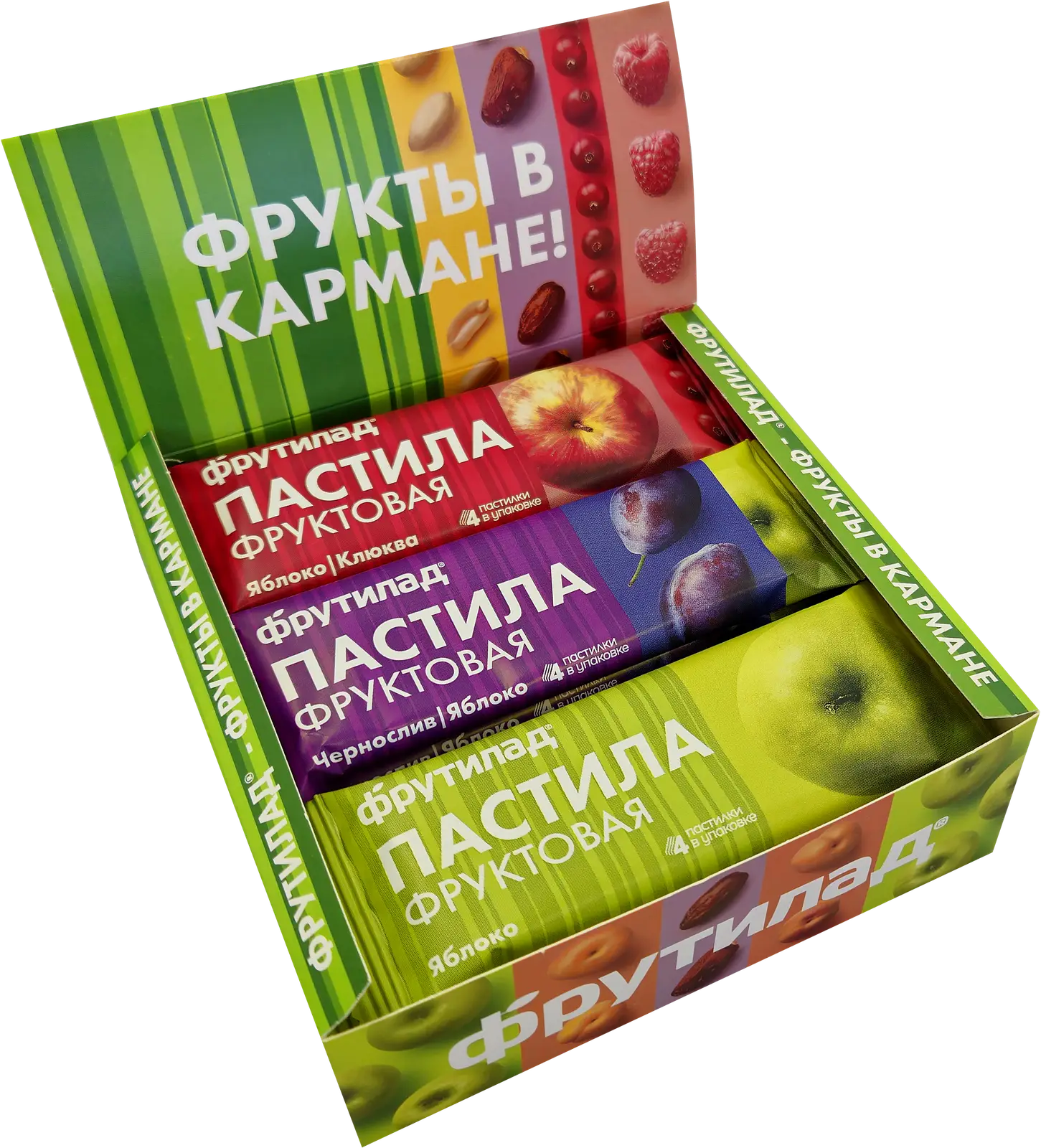 Пастила со вкусом яблоко/яблоко-черника/яблоко-клюква Фрутилад 30г в ассортименте Пастила со вкусом яблоко/яблоко-черника/яблоко-клюква Фрутилад 30г в ассортименте